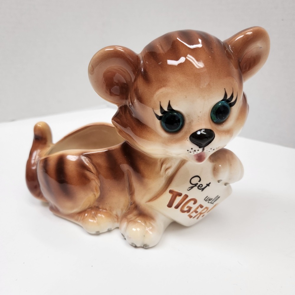 Vintage Lefton Tiger Green Eyes Ceramic Planter Get well 7" wide Animal stripes